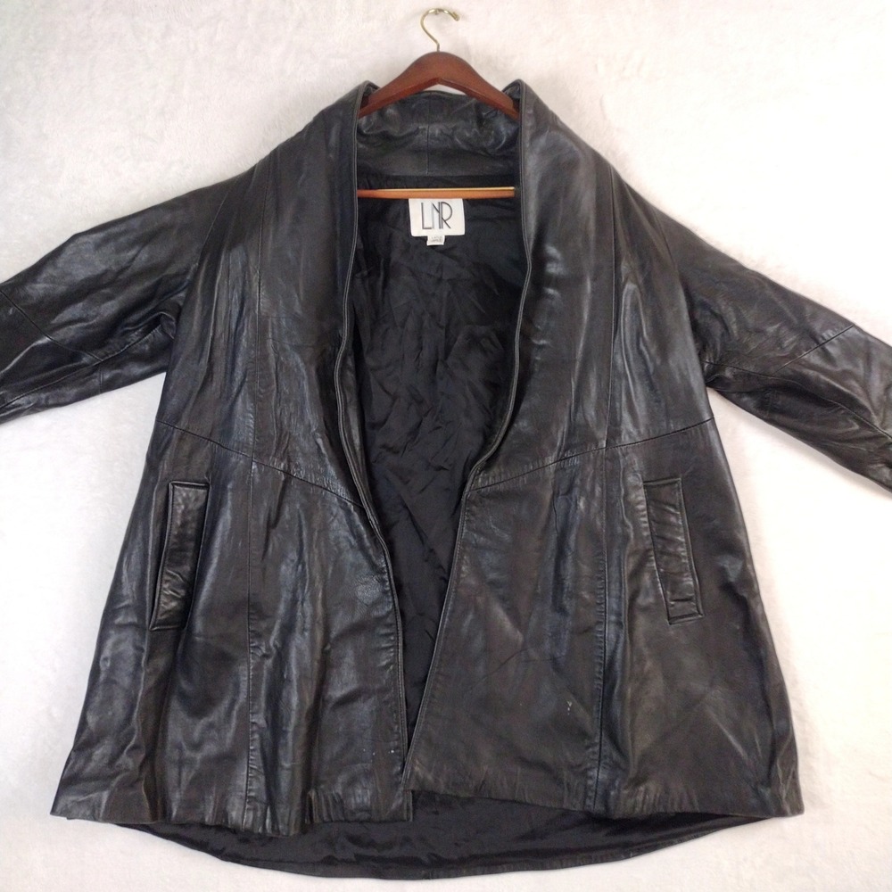 LNR Black Leather Jacket Womens Large Open Front Shawl Collar Swing Coat Lined